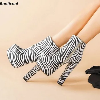 Ronticool ръчно изработени жени зимна платформа глезена ботуши унисекс буци токчета кръг пръсти черни парти обувки САЩ размер 5-20