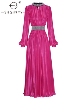SEQINYY Плисирана Midi рокля Лятна пролет Нов моден дизайн Жени Runway High Street фенер ръкав парти Beading колан елегантен
