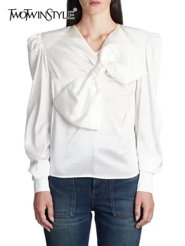 TWOTWINSTYLE Solid Patchwork Bowknot блуза за жени V врата дълъг ръкав минималистичен темперамент ризи женски модни дрехи
