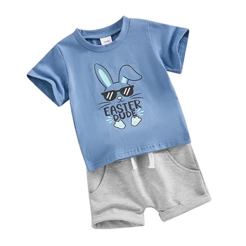 Toddler Boys 2 Piece Outfits Easter Bunny Print тениска с къс ръкав и еластични шорти за комплект летни дрехи