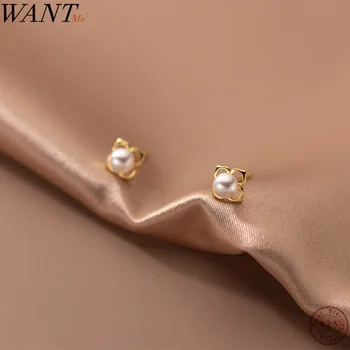 WANTME 925 стерлинги сребърна мода корейска детелина синтетична перла родословни обеци за жени сладък пиърсинг парти ежедневни бижута