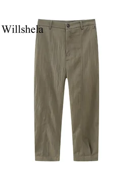Willshela жените мода тъмно зелен фронт цип блумери панталони реколта висока талия пълна дължина женски шик дама панталони