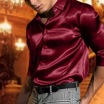 Y2k мъжки бутон случайни риза сатен коприна черно червено бяло поло врата дневна мода удобен дълъг ръкав