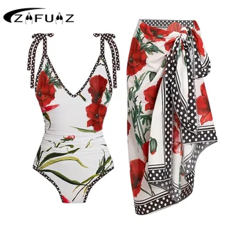 ZAFUAZ 2023 Секси бански едно парче бански пола жени покриват ретро печат монокини бикини бански костюм бразилски плаж рокля
