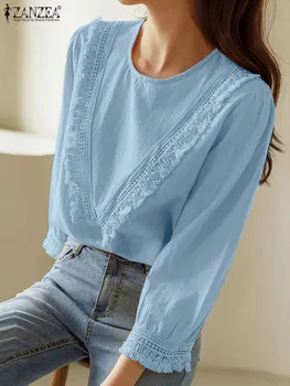 ZANZEA жени кръг врата риза случайни хлабав дантела нагоре блузи 2023 лято реколта 3/4 ръкав пискюли върховете мода плътен цвят Blusa