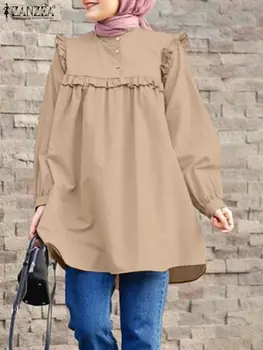 ZANZEA мода къдри мюсюлмански върхове жена O-образно деколте бутер ръкав твърда риза жена случайни парти туника блуза реколта ислямски облекло