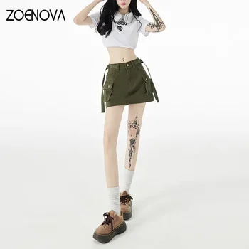 ZOENOVA Корейска мода облекло линия подплата инструментална екипировка дънкова пола тънък горещо момиче чанта хип пола кюлоти Y2k кратко над коляното мини