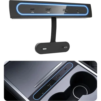 Автомобилно USB зарядно мулти порт за Tesla Model 3/Y 2021 2022 Аксесоари USB хъб със синя LED светлина Централна конзола адаптер