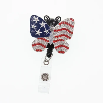 Американски флаг пеперуда кристал емайл медицинска сестра прибиращ ID значка притежателя макара