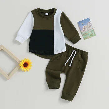 Бебе момчета 2 парче екипировки контраст цвят дълъг ръкав суитчър и еластични панталони анцуг за малко дете облекло