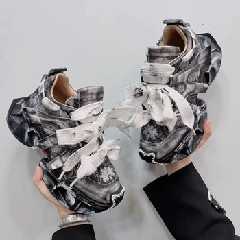 Графити дантела нагоре кифла маратонки дебела подметка Дамски сладки готини мода татко обувки Дамски Ins Fashion 2022 Есенна платформа Tenis