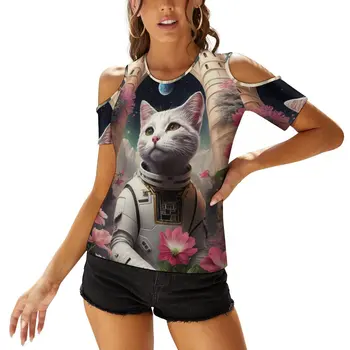Дамска мода от рамото къс ръкав Tee котка цвете печат женски дрехи класически жените извънгабаритни тениска