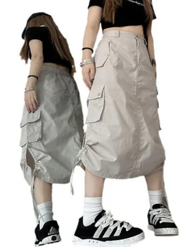 Дамска мода цепка хип-хоп миди поли шнур джобове A-line пола американски улично облекло карго поли