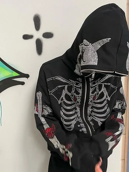 Дамски Y2K Zip Up Hoodie with Skeleton Graphic - Оверсайз суитчър с качулка с дълги ръкави и кристал