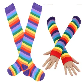 Дамски дъгови ивици над коляното бедрото високи чорапи ръка топло без пръсти ръкавици комплект фантазия рокля косплей маскарад парти костюм