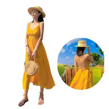 Дамски жълт гръб Макси рокля женски случайни шифон празник плаж парти рокля летни дами ваканция дрехи Sundress
