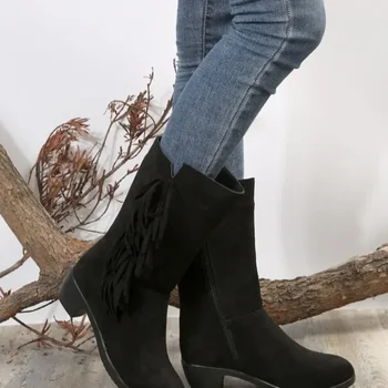 Дамски обувки 2023 Марка Mid-Calf Дамски ботуши Мода Fringe Модерни ботуши Жени Гореща продажба Кръгла Toe Side Zipp обувки женски