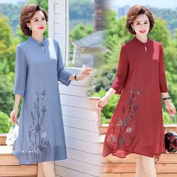 Дамски печат рокля китайски стил лято хлабав бродерия флорални шифон средата на прасеца рокля прилив