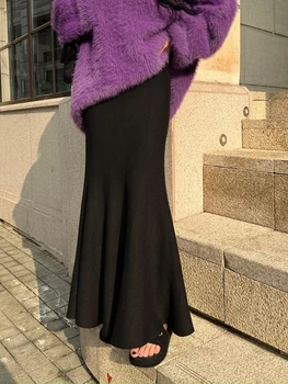 Дамски поли черни плетени Midi пола френски стил универсален дизайн уникален висока талия отслабване годни русалка Hem