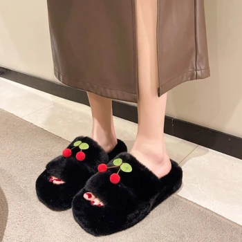Дамски черешови плюшени чехли 2024 Зимна мода Вътрешно домакинство Дебела подметка против хлъзгане Удобни топли памучни обувки Ежедневни обувки
