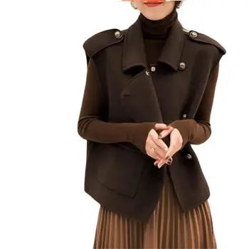 Дамско вълнено палто без ръкави Елегантна жилетка жилетка Връхни дрехи Gilet Tops Мода Пролет Есен Зима 2024