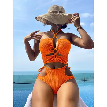 Две части бански жени дантела нагоре 2024 лицеви нагоре подплатени сутиен оранжев бикини комплект бански бански костюм плажно облекло висока талия бикуини