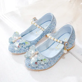 Детски високи токчета Детска принцеса танц Кристални момичета Кожени обувки Цветни диамантени пеперуди Мода Студентски обувки за изпълнение