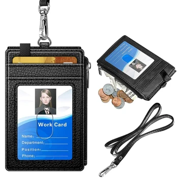 Държач за значка с цип PU кожена ID значка Калъф за портфейл с 5 слота за карти, 1 страничен джоб с цип за офиси School ID
