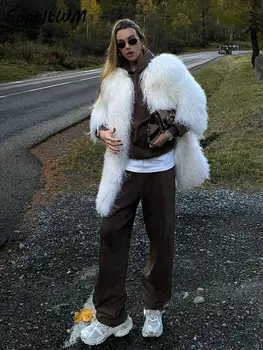 Елегантно зимно палто от изкуствена кожа Жени O врата топло дебело къс ръкав дълги палта женски 2023 мода улично облекло твърди връхни дрехи