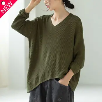 Есен и зима Нов случаен пуловер дамско облекло мода v-образно деколте дълъг ръкав простота плътен цвят Commuter пуловер
