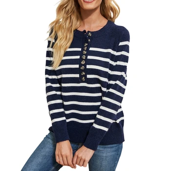 Есен пролет жени бутон рамо пуловери стойка яка раирани трикотажни дълъг ръкав върховете пуловер джъмпер връхни дрехи