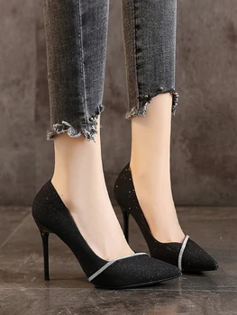 Заострени пръсти Bling Rhinestone тънки токчета дизайнер удобни офис & кариера обувки мода плитки нехлъзгащи се жени парти обувки