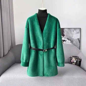 Зимни нови 2023 жени имитация кожа палто изкуствена кадифе белка палта средна дължина хлабав и топло outwear мода v-образно деколте яке