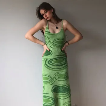Инди вихър отпечатани дълги приплъзване рокля жени лято обратно кухи навън Y2k каишка рокля 2021 плаж улица мода секси без ръкави роба