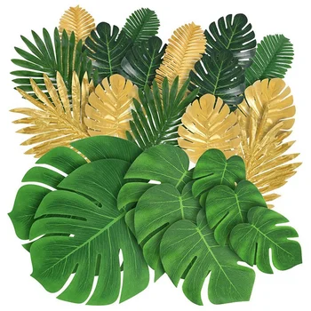 Качество палмови листа изкуствени тропически Monstera - 77 бр 8 вида фалшиви листа сафари хавайски луау парти маса декорация