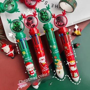 Коледа карикатура 10-цвят химикалка сладък творчески многоцветен 10-в-1 натискане писалка студент цвят многофункционален масло писалка