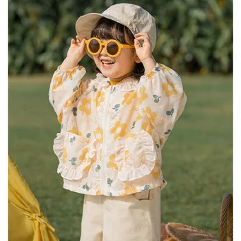 Лятна мода лека флорална прекрасна бебе момичета палта с качулка пълен цип деца слънце костюм топ якета за 1-10 години