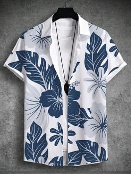 Лятна мъжка риза Тропически растения Графичен 3D принт Модни ризи Блузи с къс ръкав Улично облекло Свободни ежедневни хавайски ризи