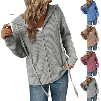 Мода Жени's случайни плътни цветове дълъг ръкав качулка цип трикотажни шнур жилетка хлабав пуловер палто връхни дрехи