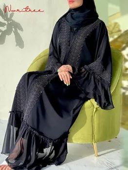 Модни дантелени шевове Мюсюлманска Абая Дубай Пълна дължина Flare ръкав дантела Abaya Дубай Турция мюсюлмански ислям роба с колан WY1391