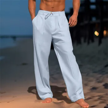 Мъжка мода шнур бутон висока талия дълги панталони случайни прости плътен цвят хлабав широк крак прав панталон с джобове