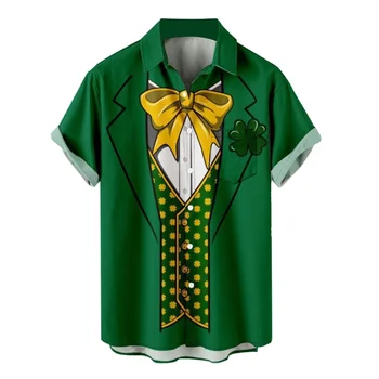 Мъжки ирландски национален ден ризи Ден на Свети Патрик блузи фестивал детелина отпечатани лък 3D печат джобна риза Топ празник Camisas