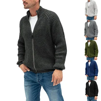Мъжко плетено яке с цип, нова мода плътен цвят половин високо деколте пуловер яке от Европа и Америка през зимата