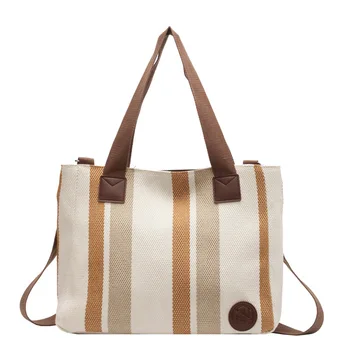 Нова дамска голяма пазарска чанта Модна лента платно чанта Commuter модни ивици ръчна чанта приливна едно рамо Crossbody чанта
