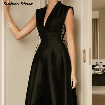 Нова елегантна рокля за жени Спагети без ръкави Cross V Neck 2023 Лятно облекло Дизайн на пистата Бизнес Vestido Black