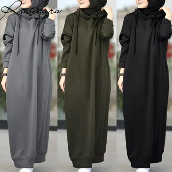 Нова есен 2023 Зима хлабав случаен джоб с дълъг ръкав качулки дълга рокля мюсюлмански анцуг черен суитчър дамско облекло