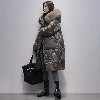 Нова мода средна дължина хлабав сгъстен качулка топло голяма кожа яка зимно палто жени жени паркове зимата надолу подплатени яке