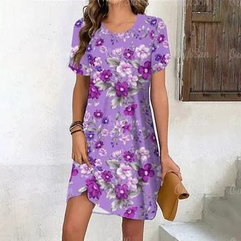 Нови дамски рокли, лилави флорални печатни елементи Елегантна ежедневна парти мода улица Y2k хлабав плюс размер облекло 2024