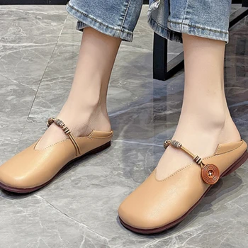 Обувки за жени 2023 Висококачествени пролетни и есенни дамски апартаменти плътен цвят кръг Toe катарама каишка плитка уста обувки жени