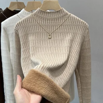 Плътен цвят Поло плюс кадифе пуловер пуловер жени всички мач меки дебели трикотажни пуловер вътрешни жени зимата топъл пуловер
